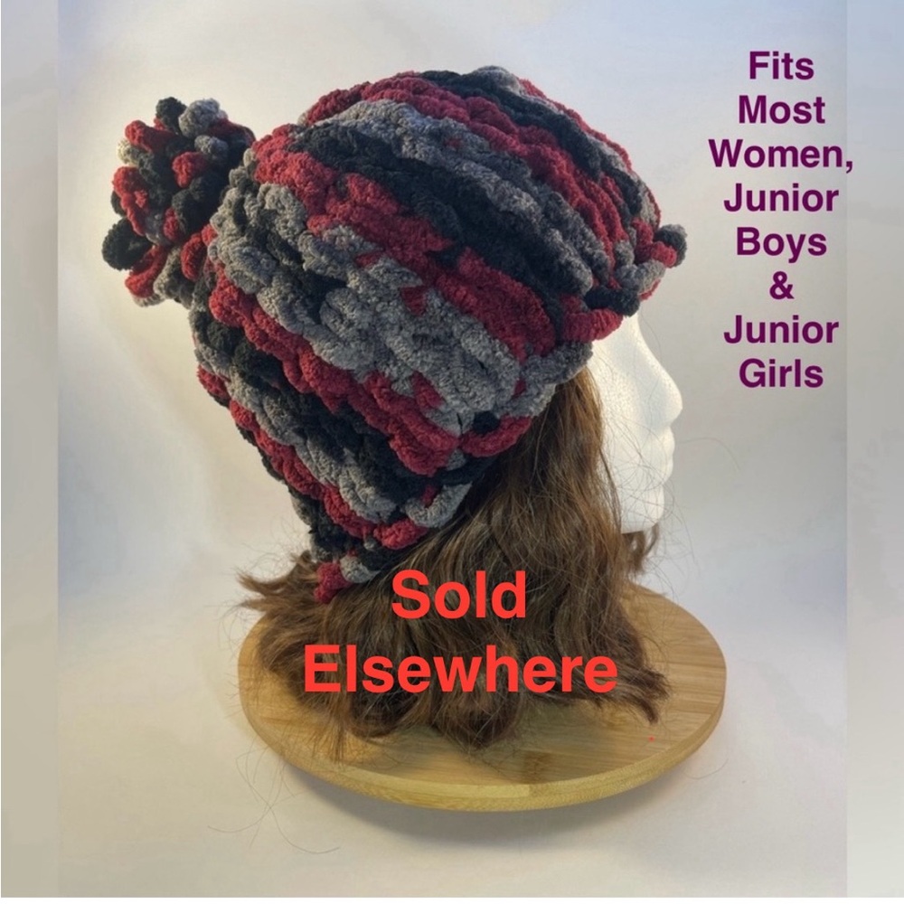 Handmade Women’s/Junior’s Winter Hat With Loopy Pom-Pom- Cranberry, Gray & Black